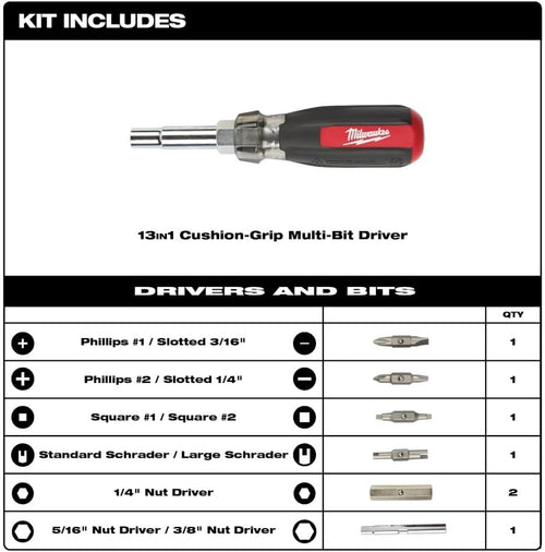 Milwaukee Tool 48-22-2881 Tournevis à poignée coussinée 13 en 1 avec embout Schrader