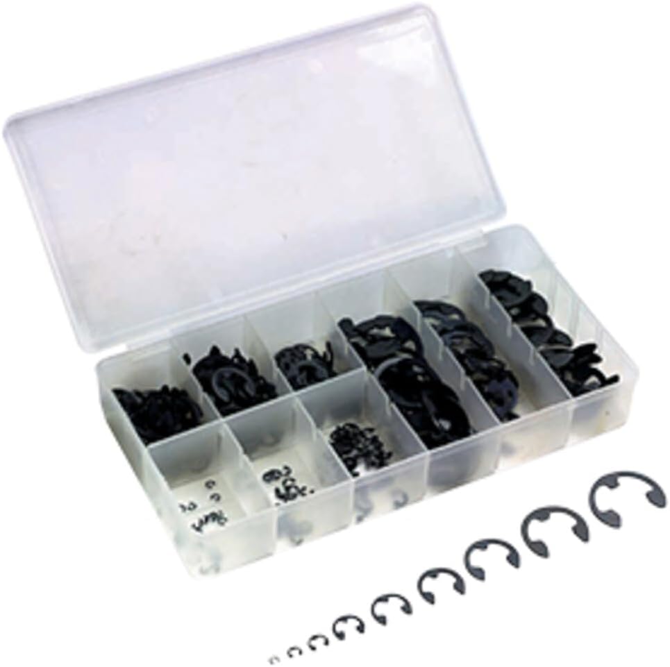 ATD Tools 351 300-Piece E-Clip Assortment in clear plastic storage case with 9 sizes of black E-clips
