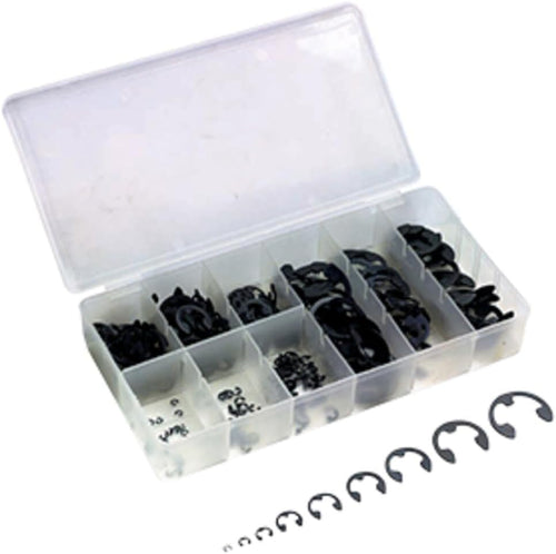 ATD Tools 351 300-Piece E-Clip Assortment in clear plastic storage case with 9 sizes of black E-clips