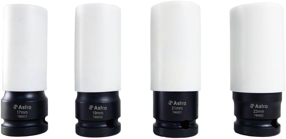 Astro Pneumatic 7404 Flank Bite Lug Nut Sockets 17mm, 19mm, 21mm, 22mm with spinning white protective sleeves on white background