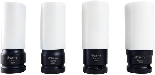 Astro Pneumatic 7404 Flank Bite Lug Nut Sockets 17mm, 19mm, 21mm, 22mm with spinning white protective sleeves on white background