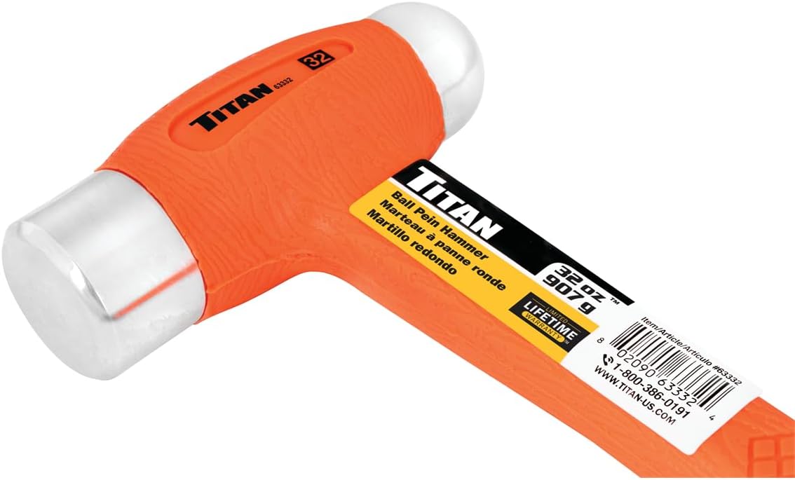 Titan Tools 63332 32oz Hi-Viz Dead Blow Ball Peen Hammer with product label showing UPC and lifetime warranty