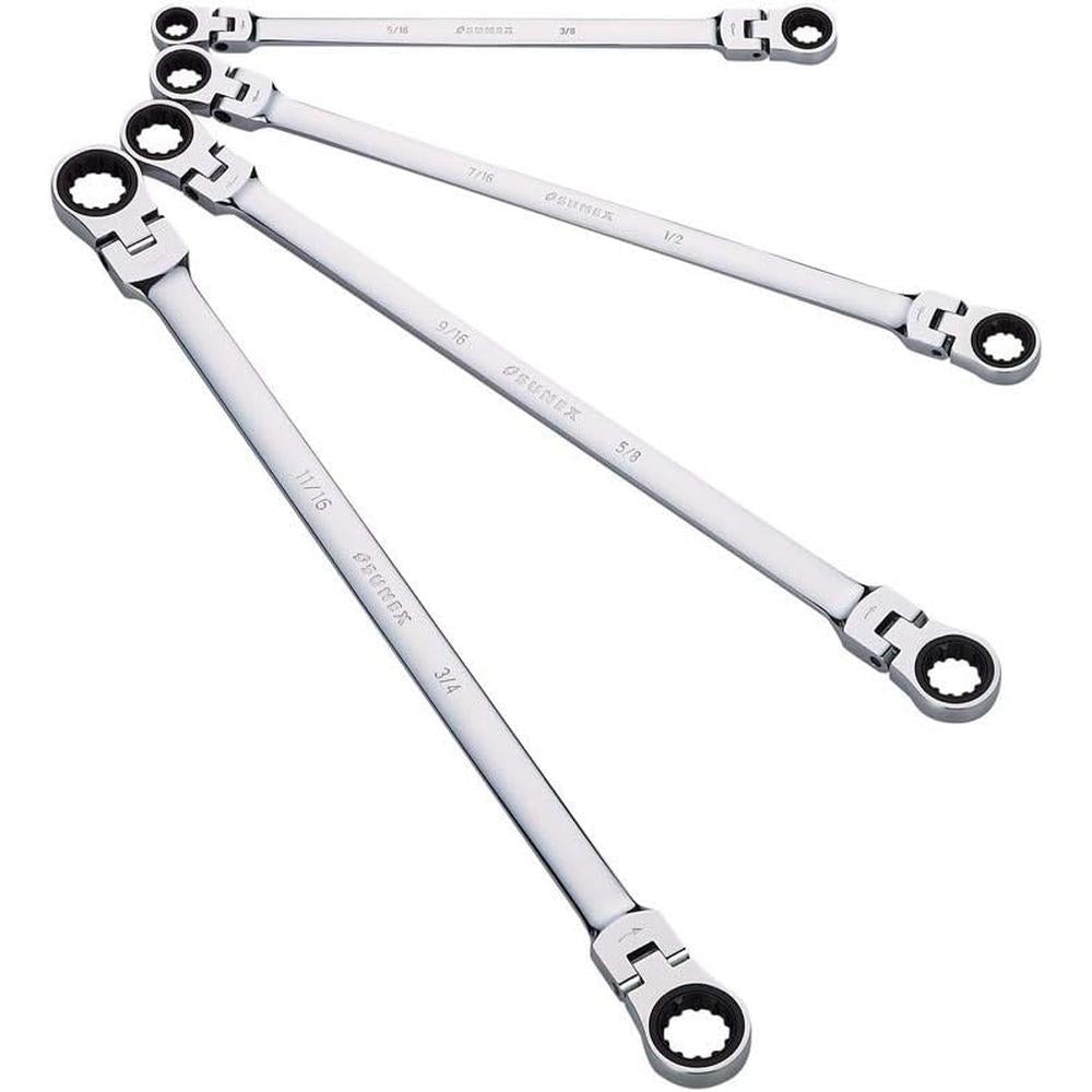 Sunex Tools 9923 SAE Extra Long Double Box Flex Head Ratcheting Wrench Set, 5/16 x 3/8 in. - 11/16 x 3/4 in., CR-MO, 4 pieces