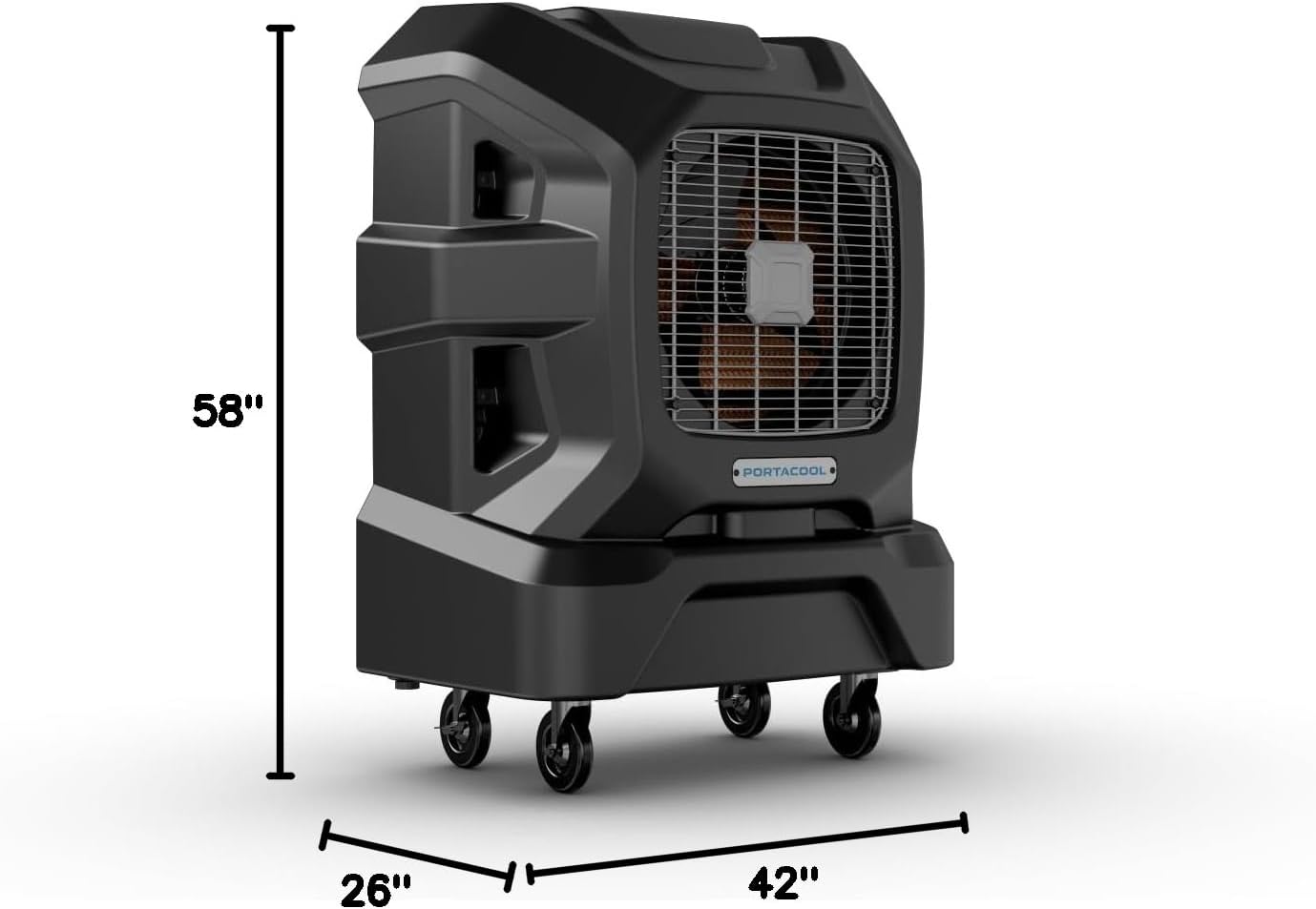 Portacool Apex 1200 dimensions diagram showing 58 inch height, 26 inch depth, and 42 inch width