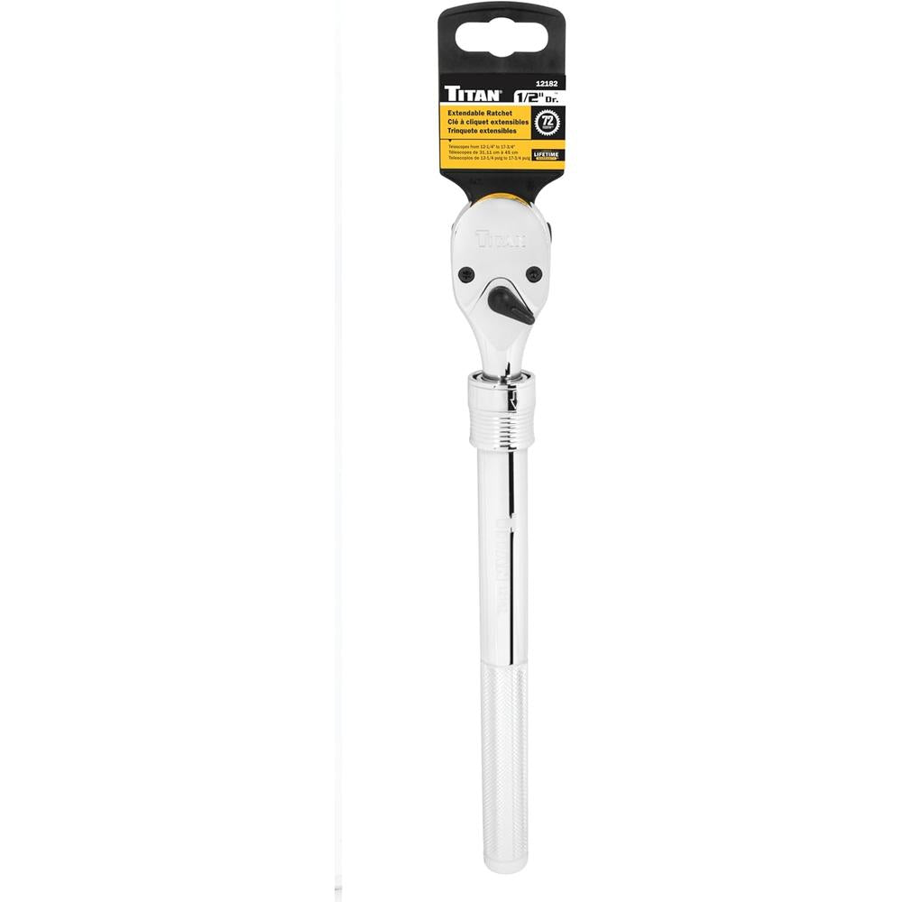 Titan Tools 12182 1/2" Drive Extendable Reversible Ratchet, Extends From 12-1/4" To 17-3/4", 72-Tooth