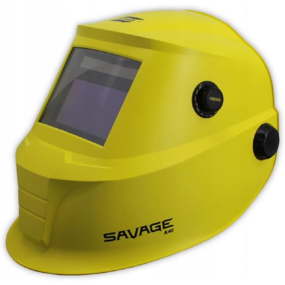 ESAB 700000491 Yellow Savage A40 Welding Helmet, Din 4, 9-13, 100mm X 50mm Viewing Area, External Grind Mode Button