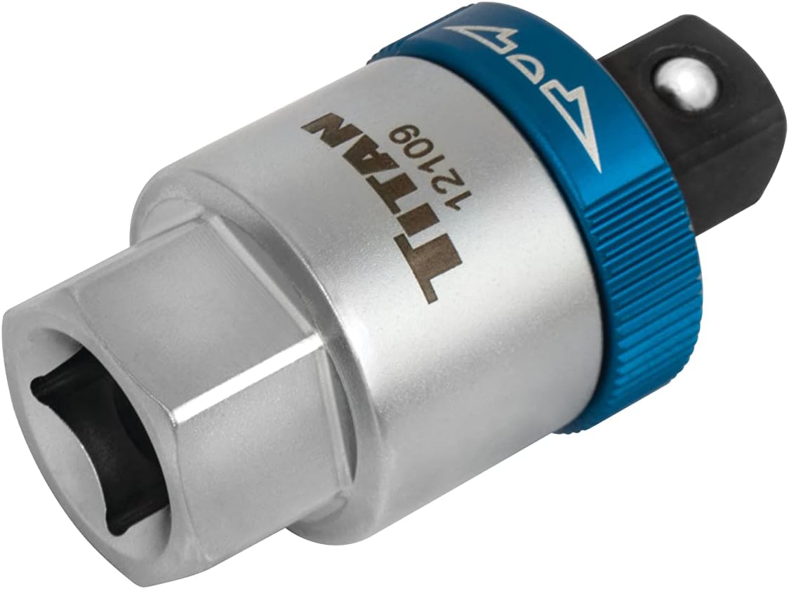 Titan Tools 12109 1/2-In Drive Ratcheting Breaker Bar Adapter - front angle view showing blue anodized switch collar and silver body