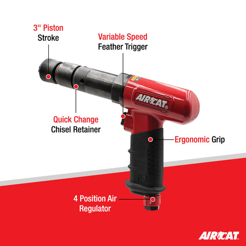 Aircat 5250-A-T Air Hammer feature callout diagram showing 3-inch piston stroke, variable speed feather trigger, quick change chisel retainer, ergonomic grip, and 4-position air regulator