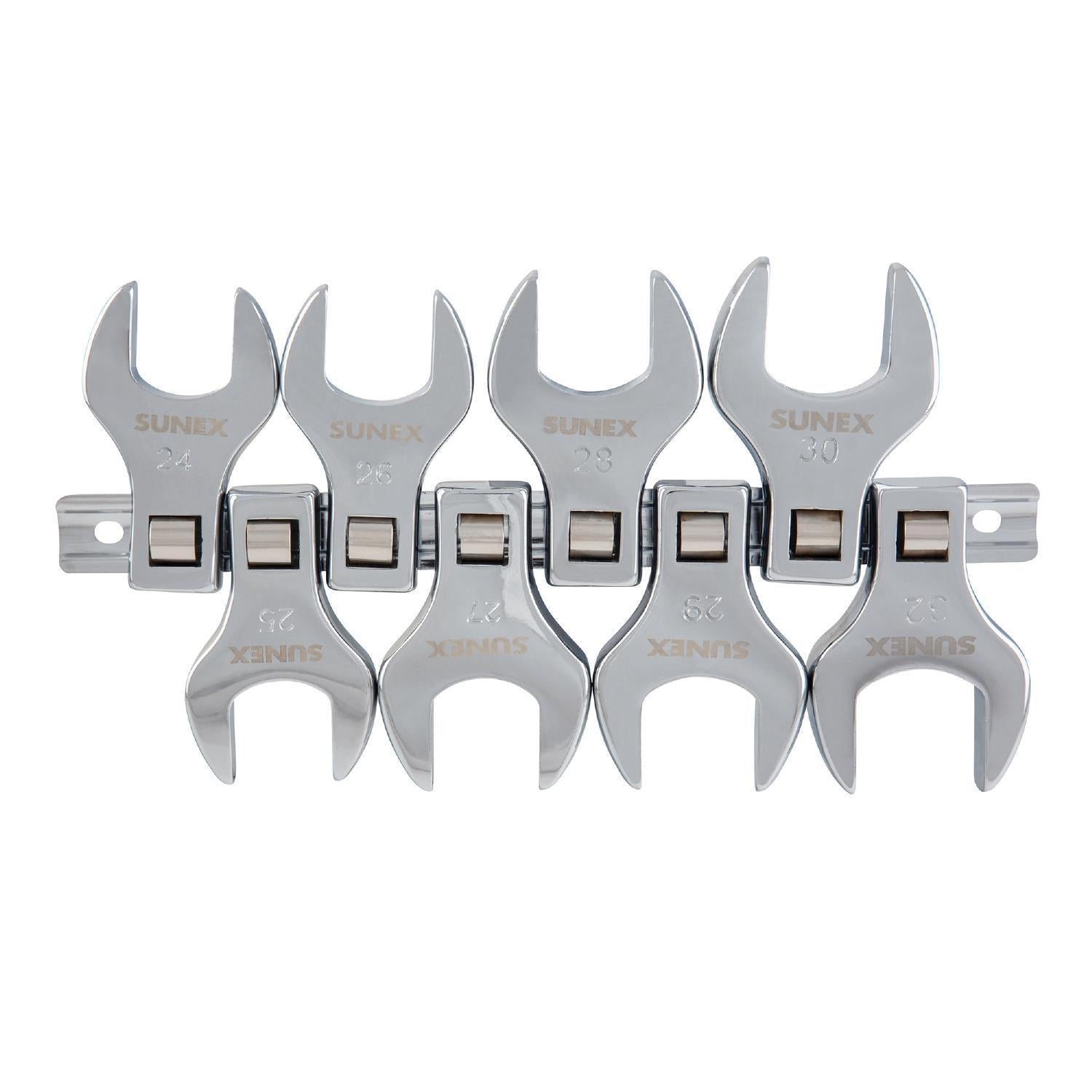 Sunex Tools 9730A 8pc 1/2 in Drive Jumbo Metric Crowfoot Wrench Set mounted on storage rail, front and back view