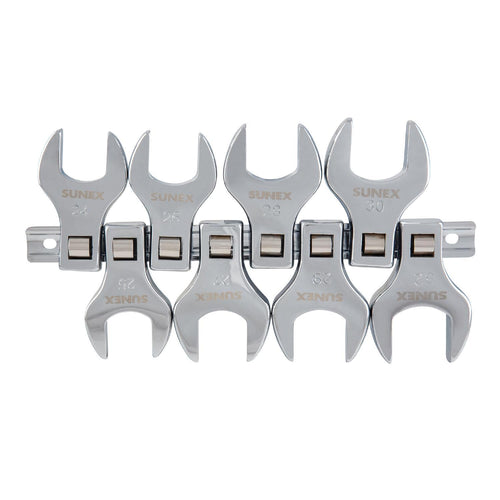 Sunex Tools 9730A 8pc 1/2 in Drive Jumbo Metric Crowfoot Wrench Set mounted on storage rail, front and back view