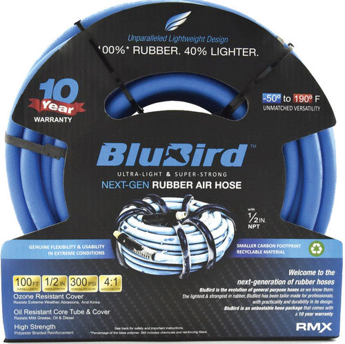 Blubird BB12100 BluBird Rubber Air Hose Assembly, 1/2" x 100', 1/2" Male-NPT, 300 PSI, EPDM - MPR Tools & Equipment