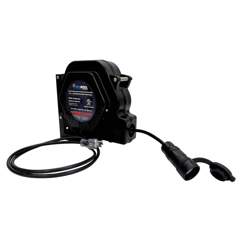Alert Stamping 5330M-SW ProReel 30ft NEMA 3R Retractable Cord Reel - angle view with pigtail and watertight outlet