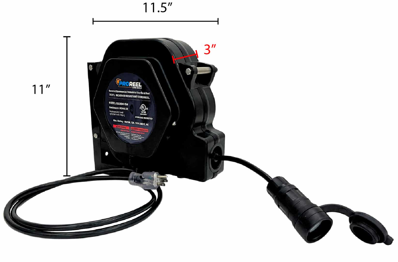 Alert Stamping 5330M-SW ProReel 30ft Retractable Cord Reel - dimensions diagram 11.5 x 3 x 11 inches