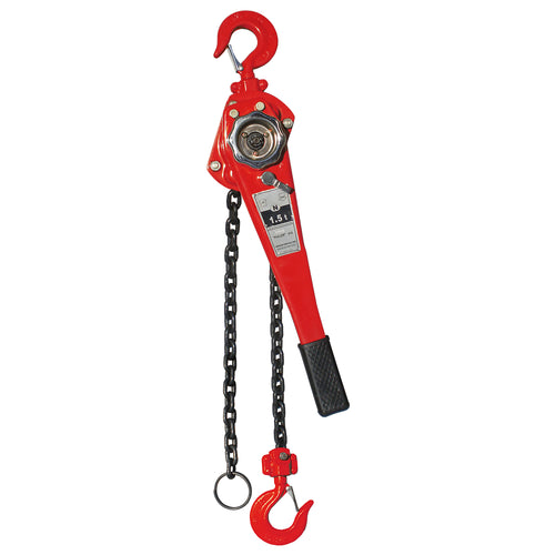 American Power Pull APP-615 1-1/2 Ton Manual Lever Chain Puller, 3000 lb capacity, red heat-treated steel body with black load chain and drop-forged safety hooks