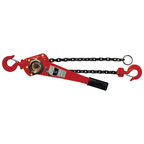 American Power Pull 635 3-Ton Chain Puller, 6,000 lb Capacity, 5 ft Lift - red lever hoist with black load chain and swivel hooks