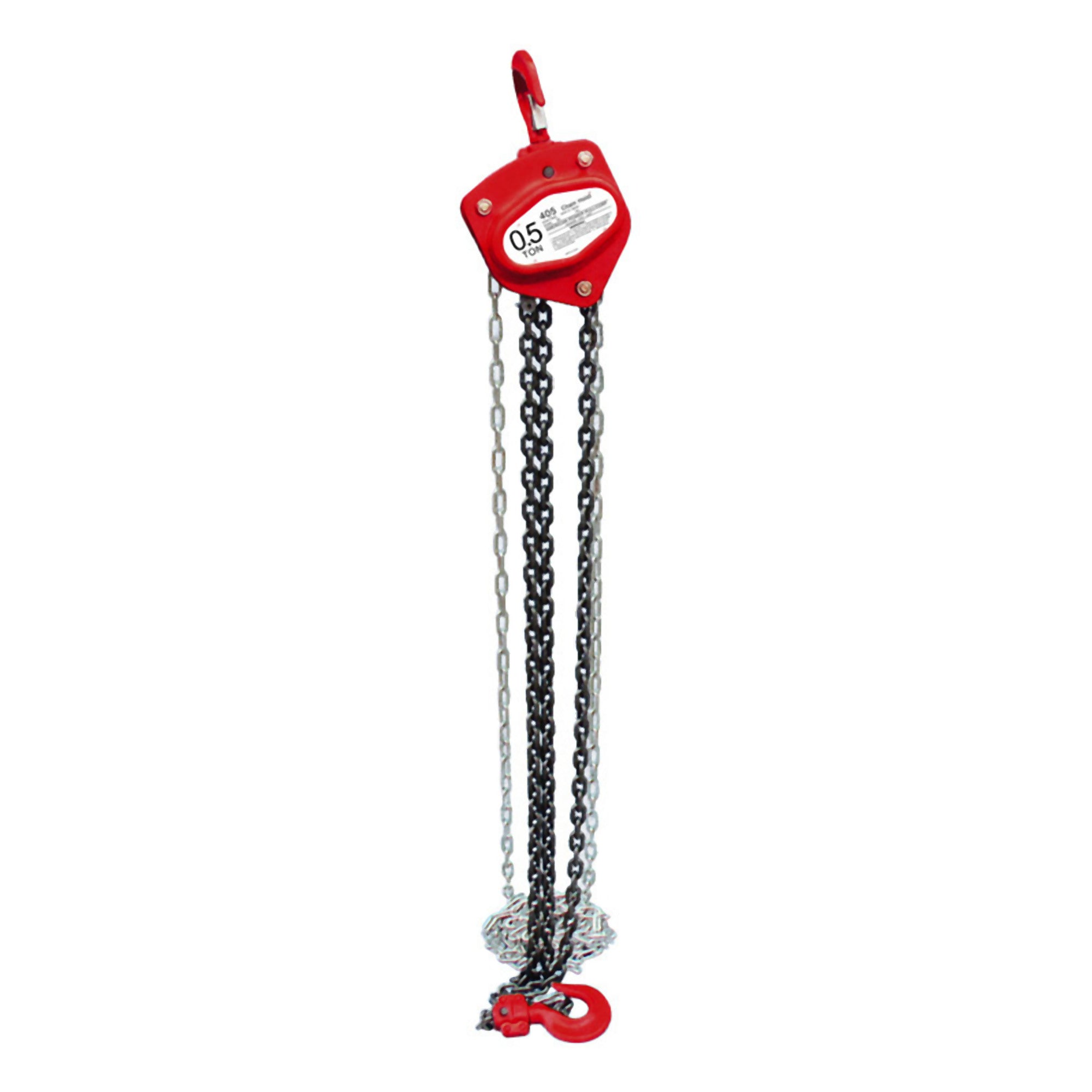 American Power Pull 405 1/2 Ton Manual Chain Block Hoist with red body, load chain, and safety hook