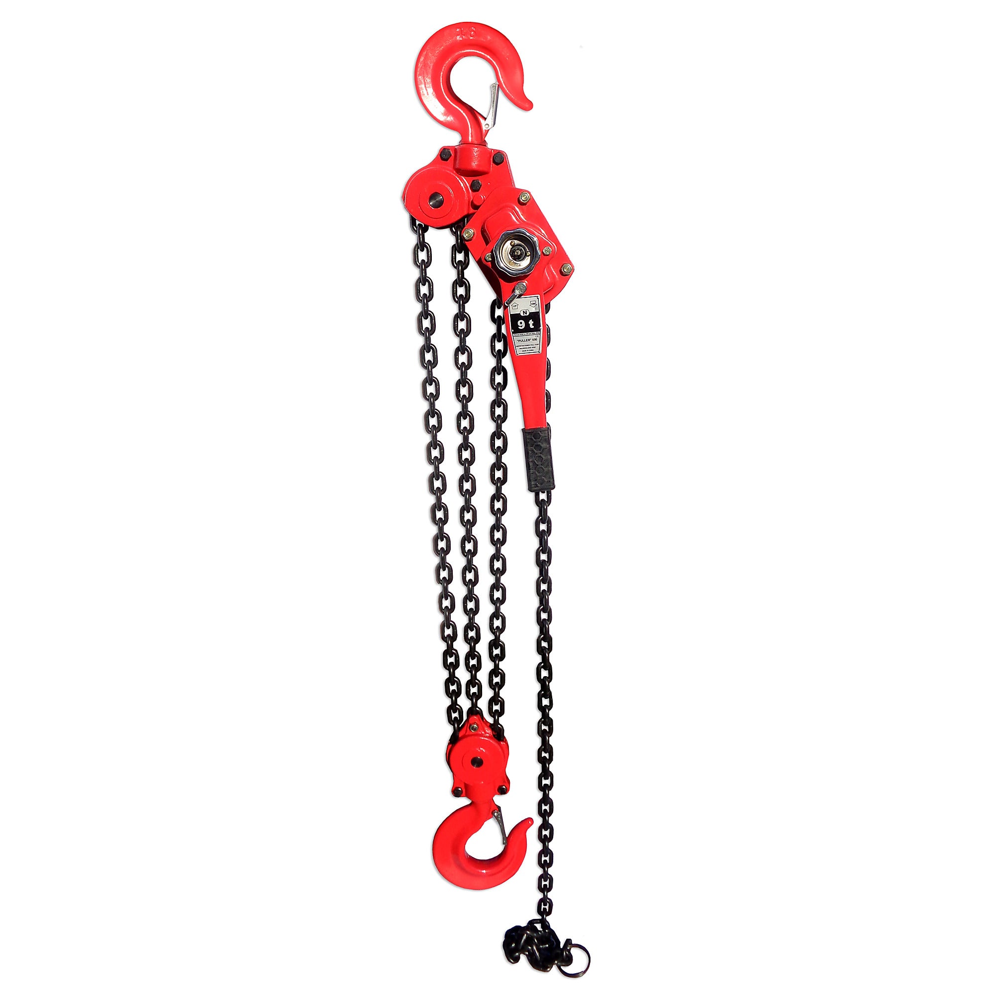 American Power Pull 690 9 Ton Chain Puller with red drop forged safety hooks and black 13/32 in load chain, 18000 lb capacity