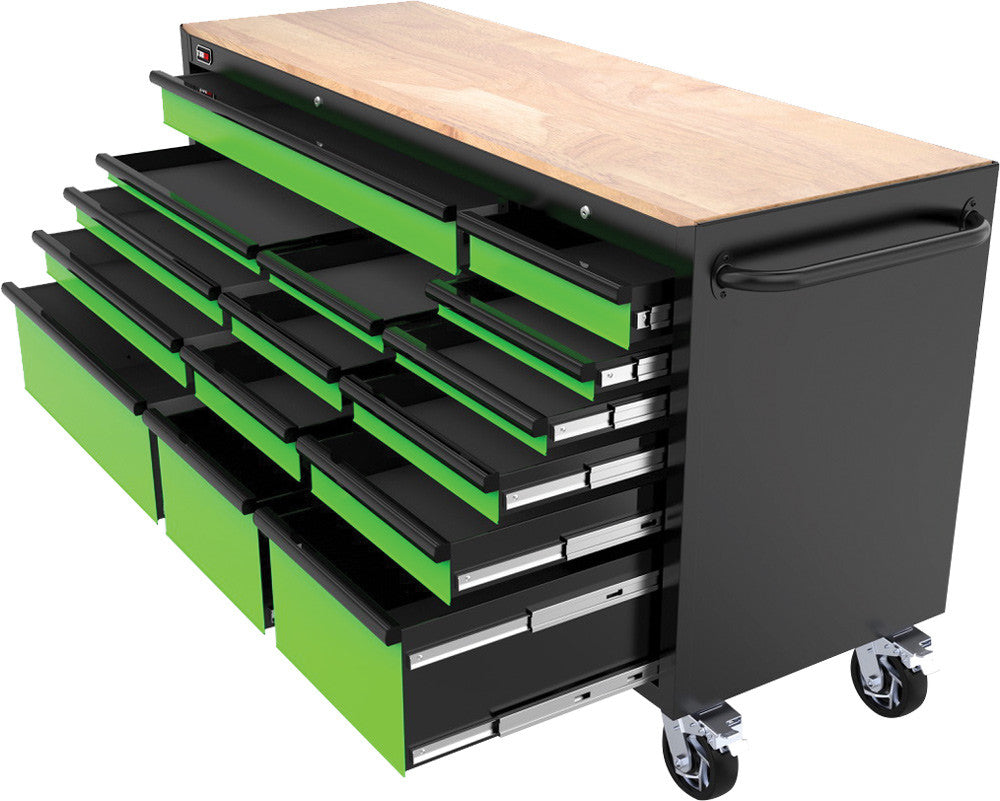 TOBEQ RCBT721524LGBK 72" 15-Drawer Roller Cabinet Lime Green Black - Open Drawers Angled View