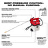 Milwaukee Tool M12 Handheld Sprayer feature callout infographic: best pressure control, no manual pumping, adjustable pressure, detachable wand, on-board measuring cup