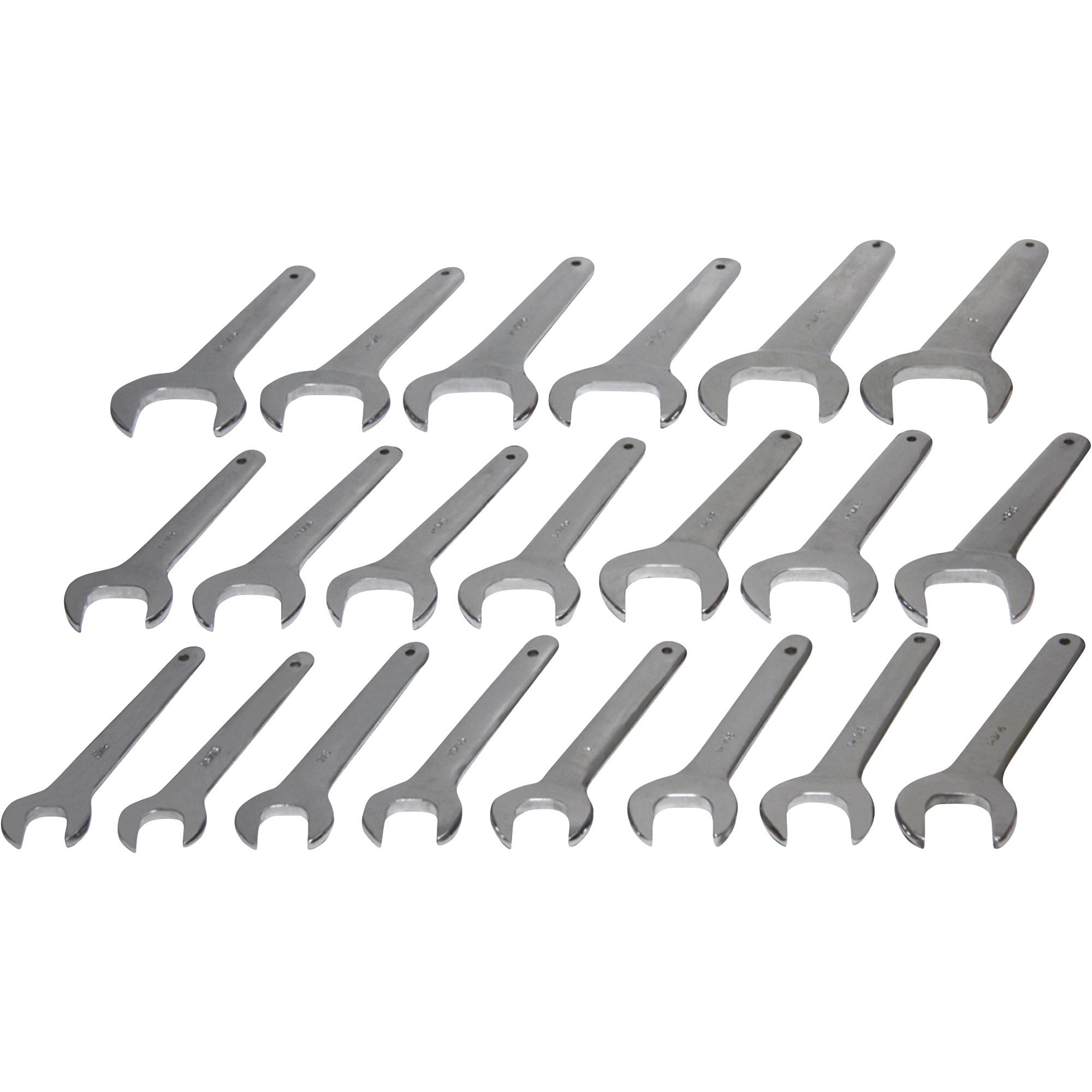 Grip-On Tools 90185 21-Piece SAE Jumbo Service Wrench Set, chrome polished open-end wrenches laid out in rows