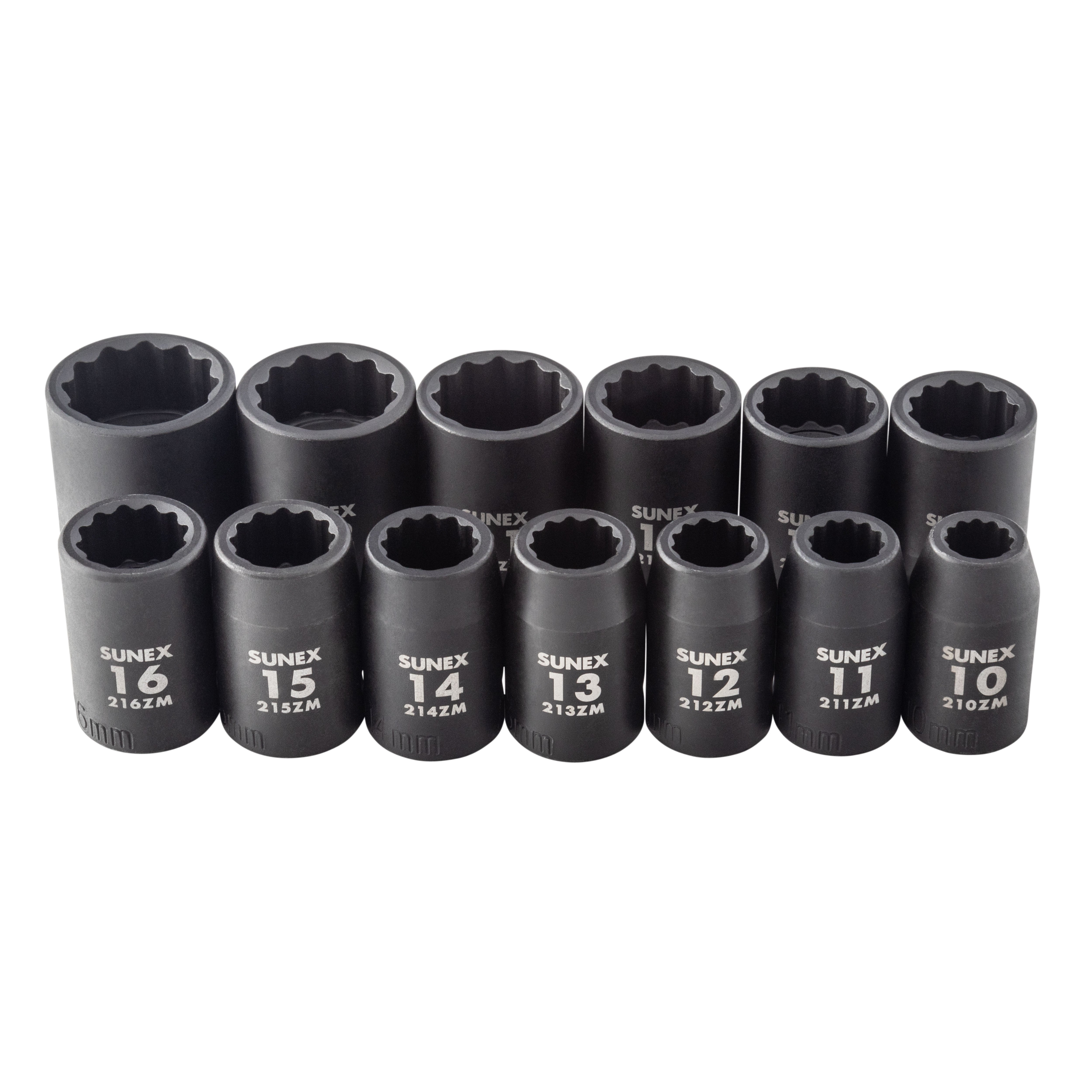 Sunex Tools 2679A 1/2" drive metric 12-point impact sockets 10-16mm grouped top view