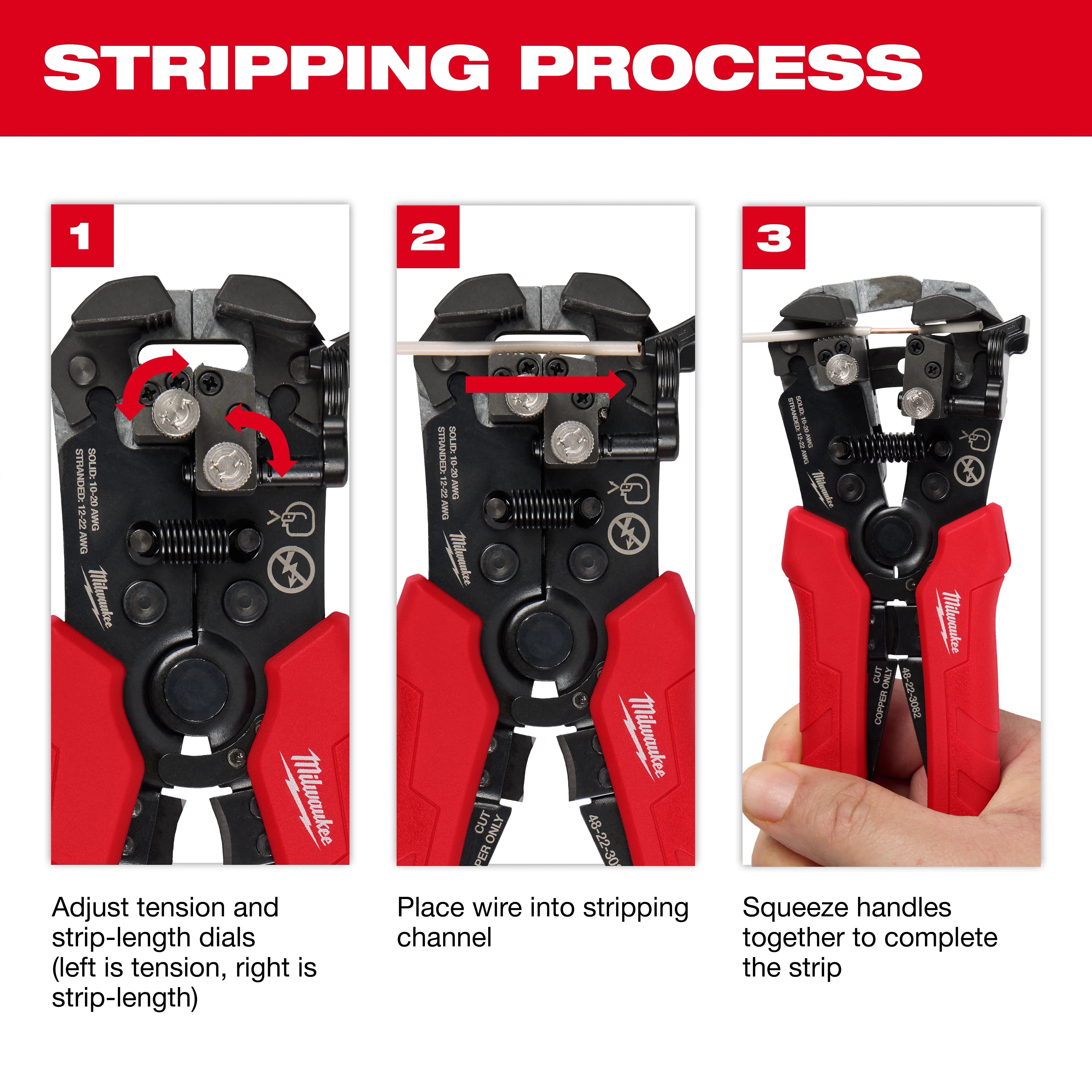 Milwaukee Tool 48-22-3082 Wire Stripper 3-step stripping process diagram showing dial adjustment, wire placement, and squeezing