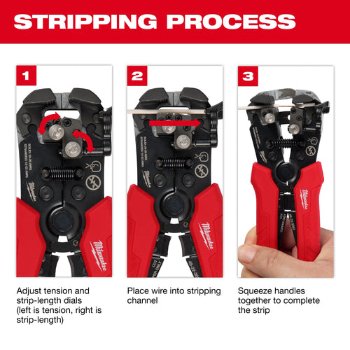 Milwaukee Tool 48-22-3082 Wire Stripper 3-step stripping process diagram showing dial adjustment, wire placement, and squeezing