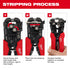 Milwaukee Tool 48-22-3082 Wire Stripper 3-step stripping process diagram showing dial adjustment, wire placement, and squeezing