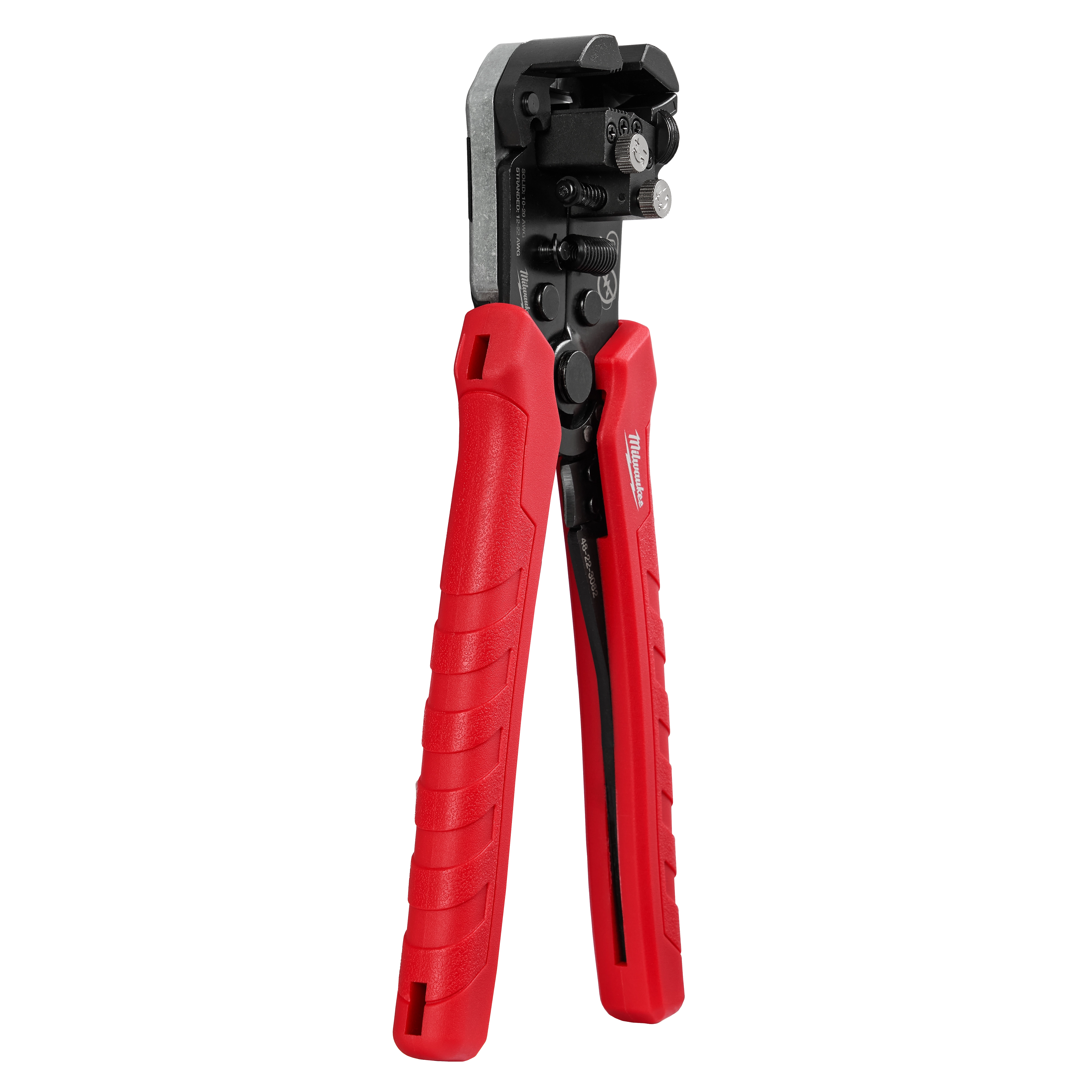Milwaukee Tool 48-22-3082 Self-Adjusting Wire Stripper & Cutter, side angle view showing stainless steel head and adjustable dials