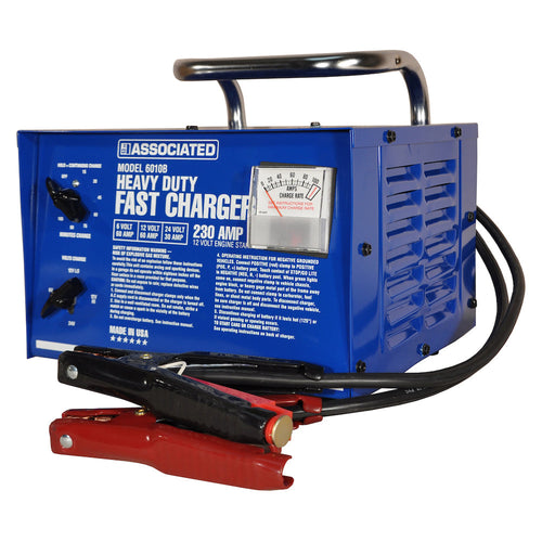 Associated Equipment 6010B Heavy Duty Portable Bench Charger 6/12/24V 60/60/30A with 230A crank assist, blue steel enclosure, chrome handle, and 500A insulated clamps