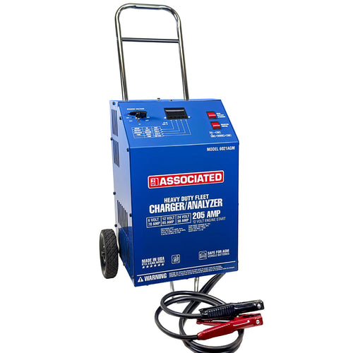Associated Equipment 6021AGM 6/12/24V Heavy Duty Fleet Charger/Analyzer with 205A crank assist, wheeled design, and battery clamps