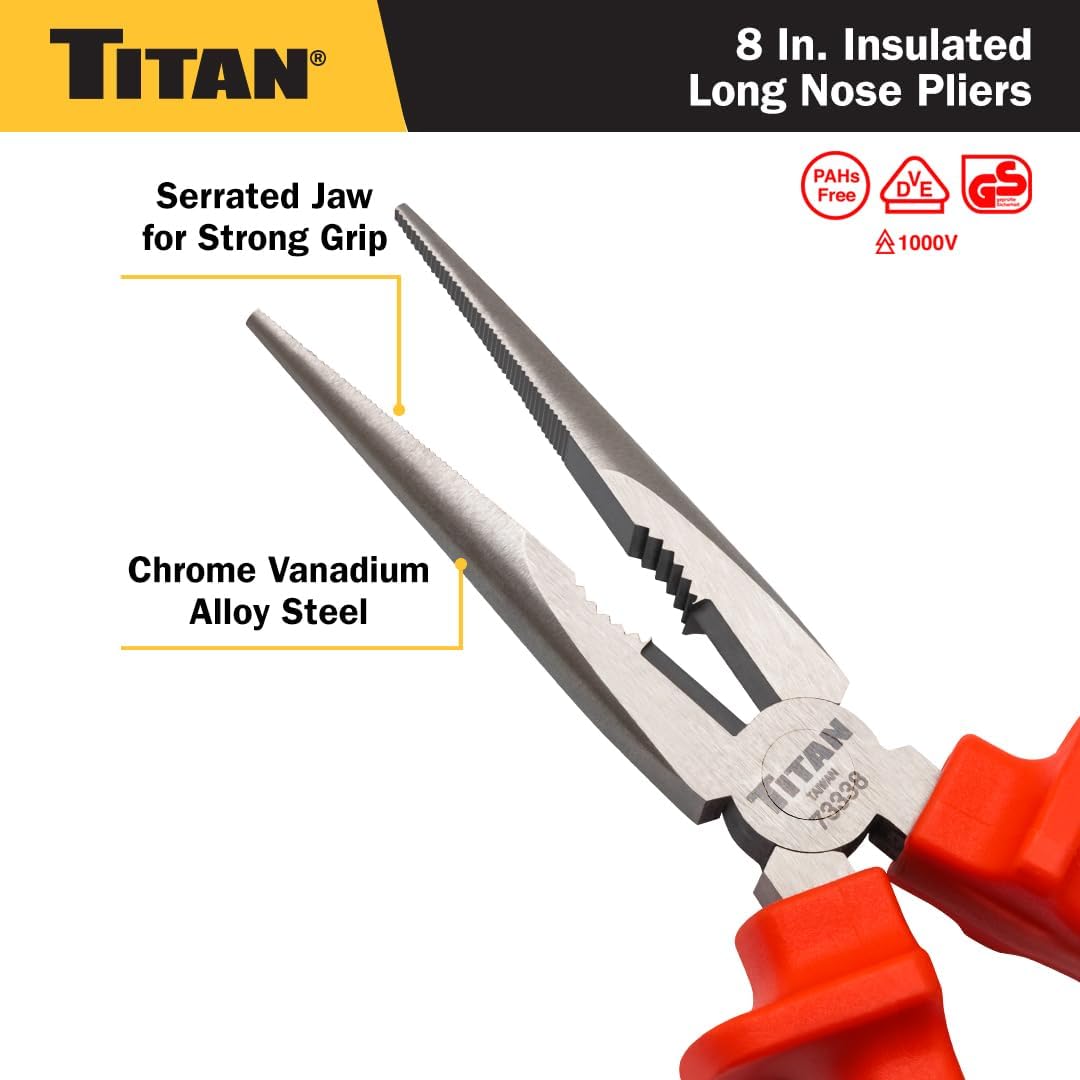 Titan Tools 73338 8" Insulated Long Nose Pliers