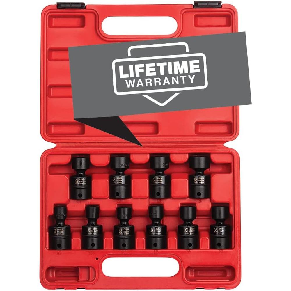 Sunex Tools 3657 3/8 in. Drive Universal Impact Socket Set, 10 pieces, Metric, 10mm - 19mm, Cr-Mo Alloy Steel, Radius Corner Design, Dual Size Markings, Heavy Duty Storage Case, Meets ANSI Standards