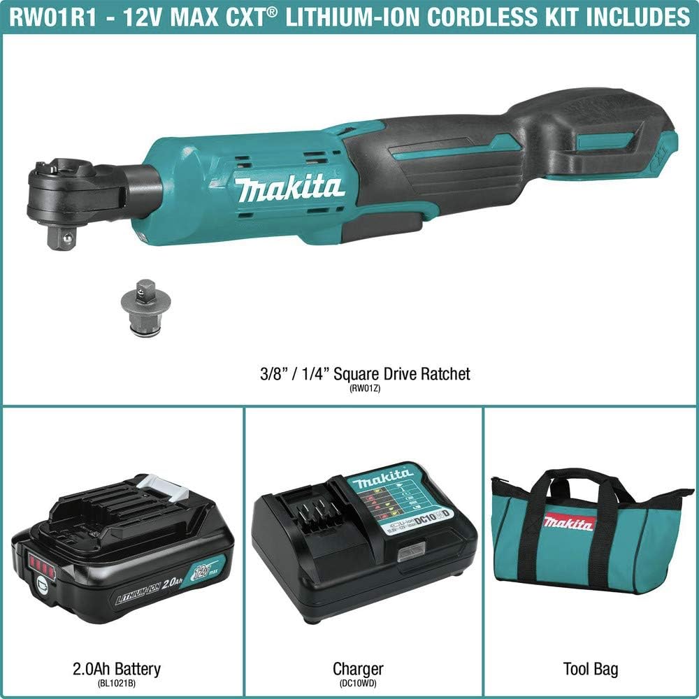 Makita Power Tools RW01R1 12V max CXT Lithium-Ion Cordless 3/8" / 1/4" Sq. Drive Ratchet Kit (2.0Ah)