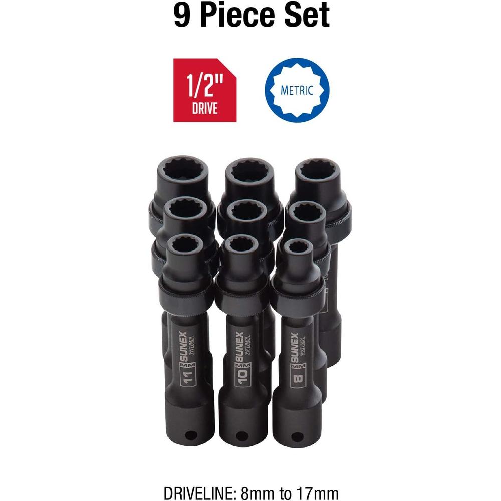 Sunex 2695 9pc 1/2" Drive Metric 12 Point Driveline Socket Set