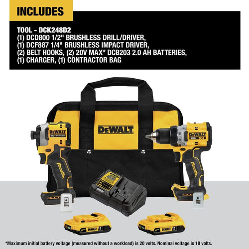 Kit perceuse/visseuse à percussion sans fil Dewalt DCK248D2 20 V Max XR avec (2) batteries 2 Ah et chargeur