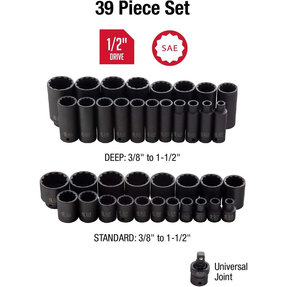 Sunex Tools 2698 1/2 in. Drive 12-Point SAE Master Impact Socket Set, 39 pieces