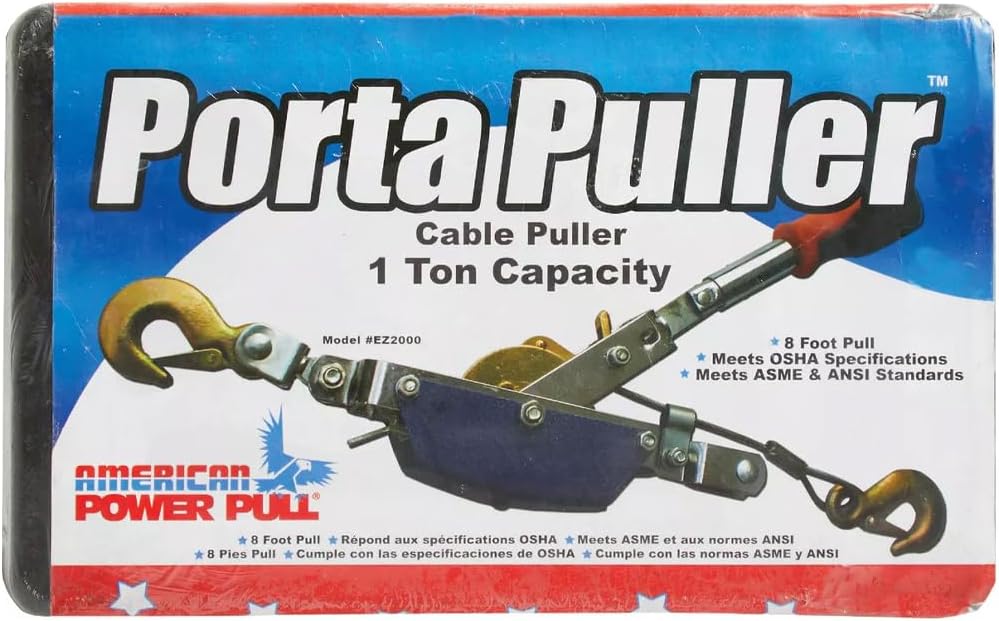 American Power Pull EZ2000 Porta Puller packaging - Cable Puller 1 Ton Capacity, OSHA and ASME compliant