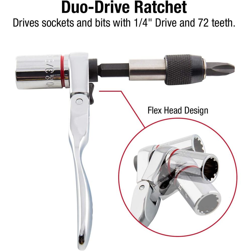 Sunex Tools 9732 44Pc 1/4" Dr Mini Dual Flex Head RATCHET W Socket & Bit Set
