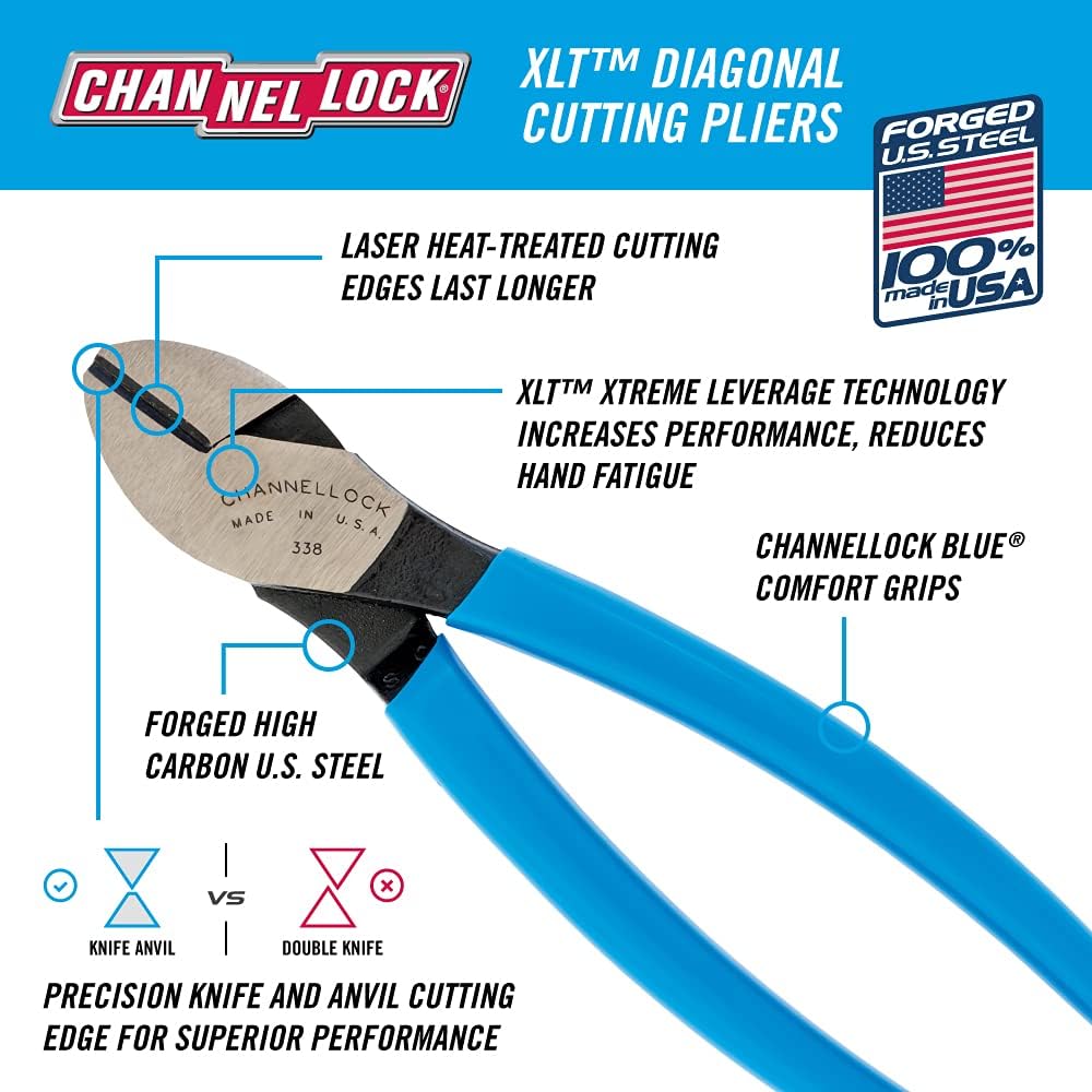 Channellock 338 8-Inch High Leverage Diagonal Cutting Plier | Knife and Anvil-Style Cutting Edge is Laser Heat-Treated for Extended Tool Life | Forged from High Carbon Steel | Made in the USA