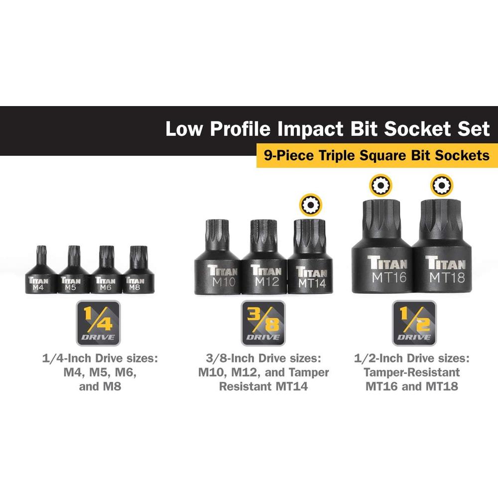 TITAN 16138 9-Piece Low Profile Impact Triple Square Bit Socket Set