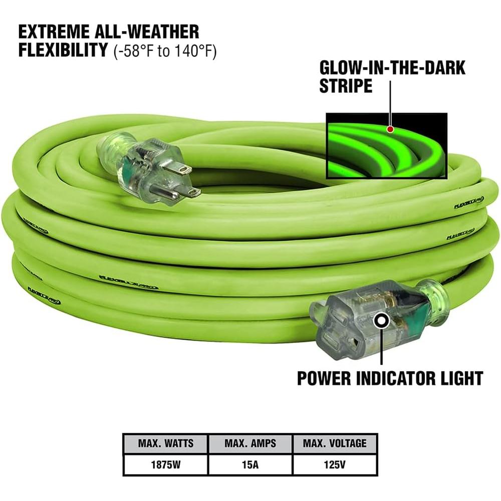 Fabrication héritée FZ512930 50 pi. RALLONGE FLEXZILLA PRO, 10/3 SJTW, FICHE ÉCLAIRÉE, INTÉRIEUR/EXTÉRIEUR, ZILLAGREEN, 1875W, 15A