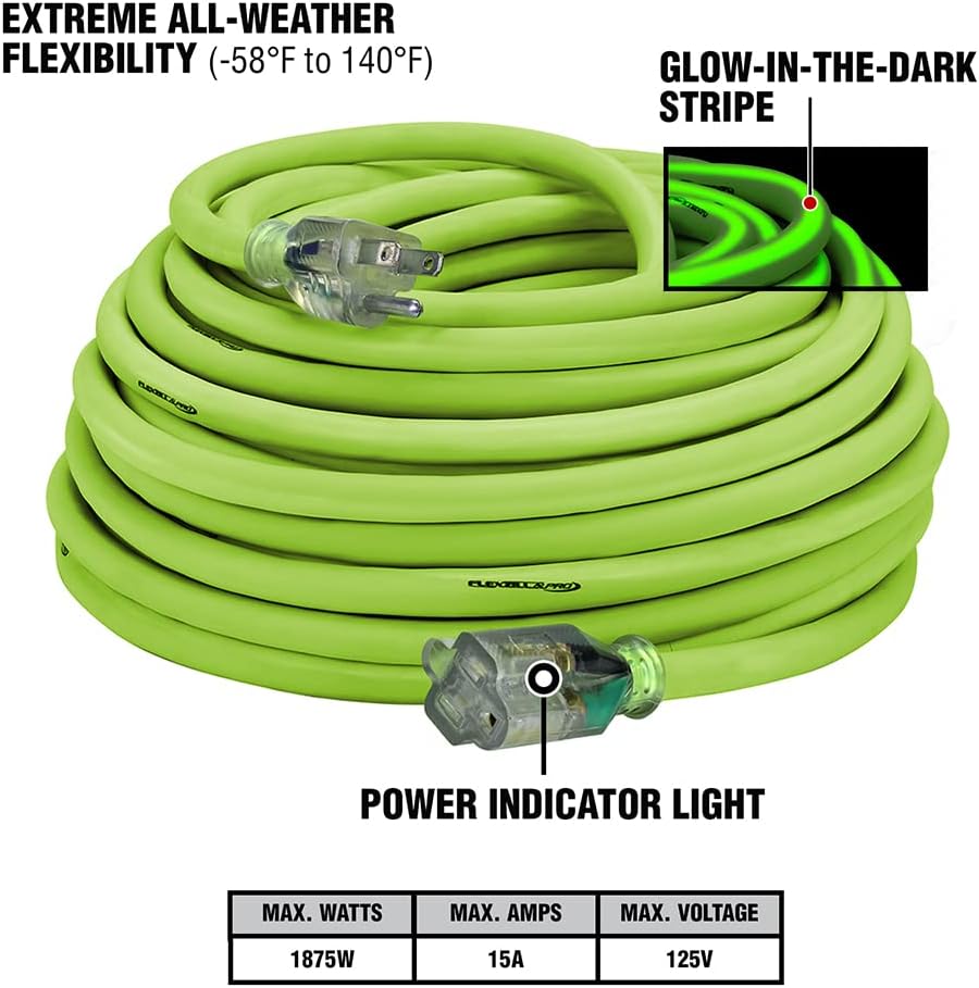 Legacy Manufacturing FZ512935 100 FT. FLEXZILLA PRO EXTENSION CORD, 10/3 SJTW, LIGHTED PLUG, INDOOR/OUTDOOR, ZILLAGREEN, 1875W, 15A
