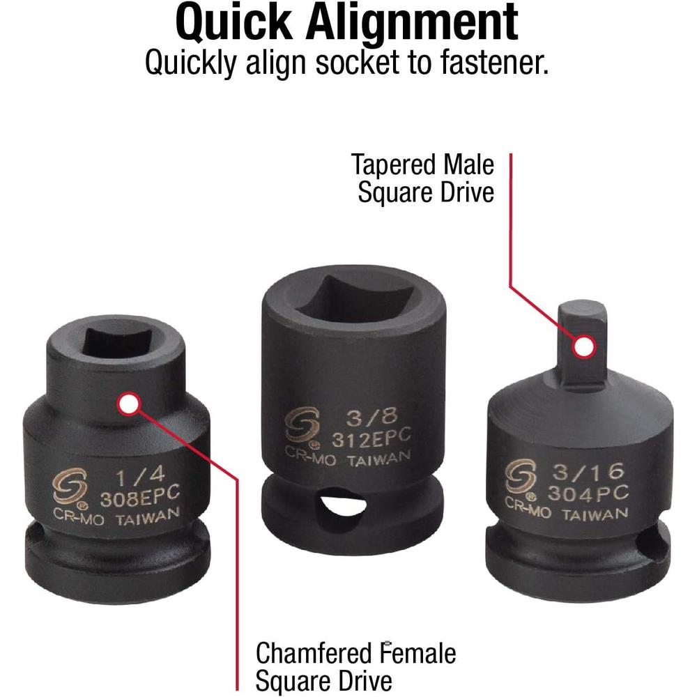 Sunex Tools 3841 3/8 in. Drive Pipe Plug Socket Set, 11 pieces, SAE, 7/16" - 5/8", Cr-Mo Steel, Tapered Male Square Drive, Chamfered Female Square Drive, Heavy Duty Storage