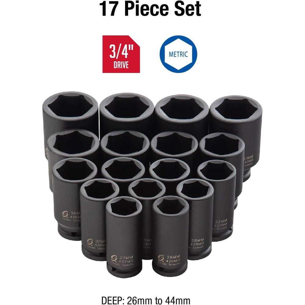 Sunex 4686, 3/4 Inch Drive Deep Impact Socket Set, 17-Piece, Metric, 26mm-44mm, Cr-Mo Alloy Steel, Radius Corner Design, Heavy Duty Storage Case