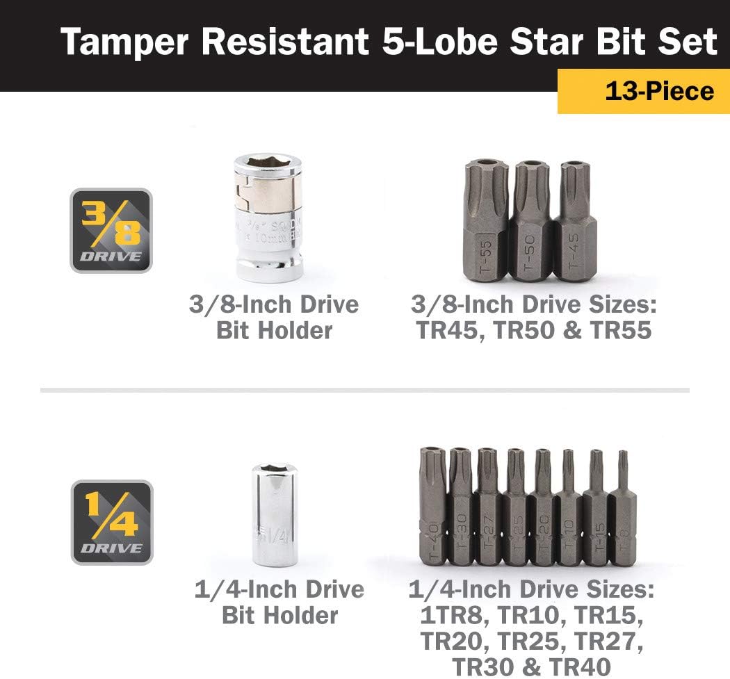 Titan Tools 16137 13-PC TAMPER RESISTANT 5-LOBE STAR BIT SOCKET SET, TR8-TR55