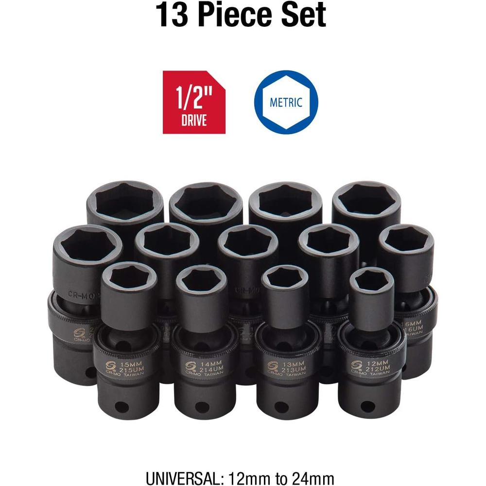 Sunex Tools 2665 13pc 1/2" Dr. Metric Universal Impact Socket Set