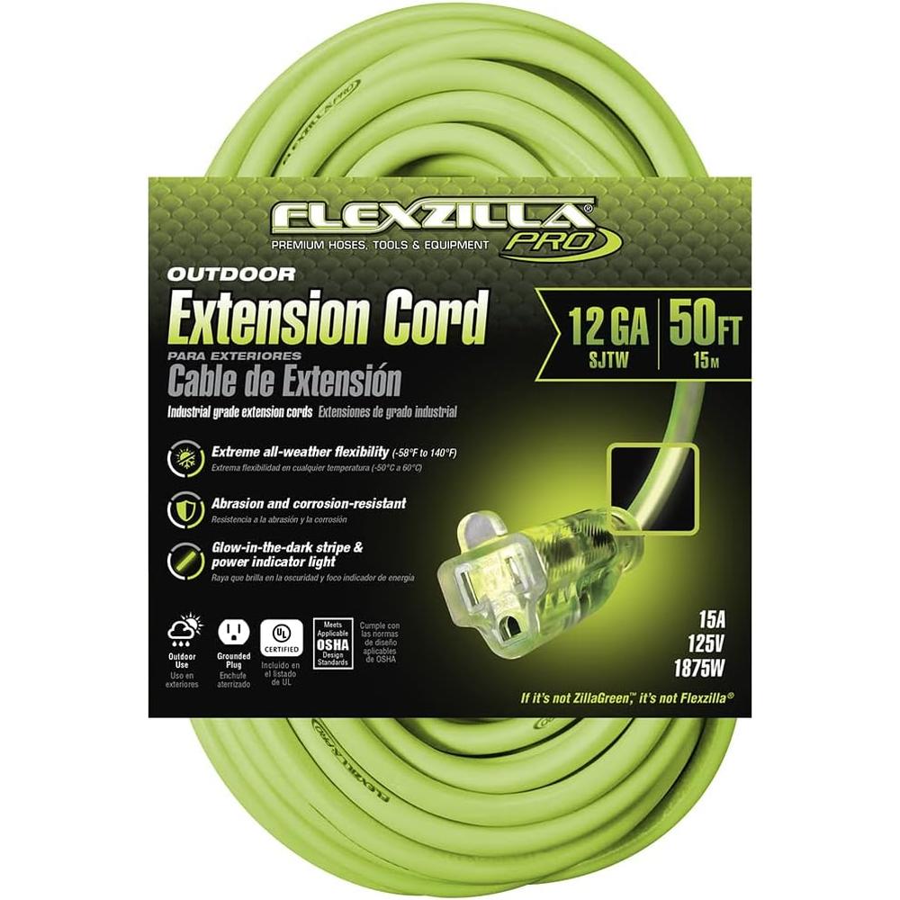 Fabrication héritée FZ512830 50 pi. RALLONGE FLEXZILLA PRO, 12/3 SJTW, FICHE ÉCLAIRÉE, INTÉRIEUR/EXTÉRIEUR, ZILLAGREEN, 1875W, 15A