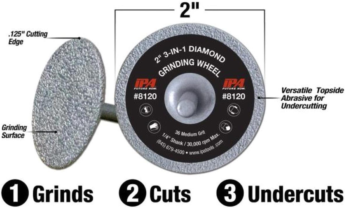 IPA Tools 8120 2" DIAMETER 3-IN-1 DIAMOND GRINDING WHEEL, GRIND, CUT & UNDERCUT, 1/4" SHANK