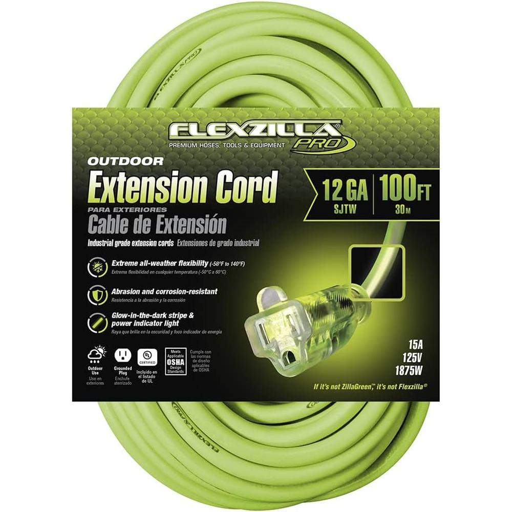 Legacy Manufacturing FZ512835 100 FT. FLEXZILLA PRO EXTENSION CORD, 12/3 SJTW, LIGHTED PLUG, INDOOR/OUTDOOR, ZILLAGREEN, 1875W, 15A